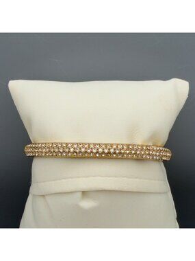 Vintage Gold Tone Pave Rhinestone Hinged Bangle Bracelet Modernist Classic